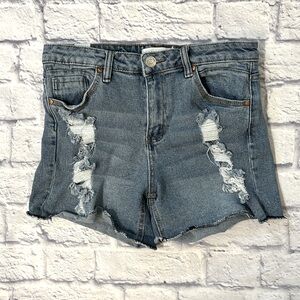 Almost Famous Mid Rise Jean Shorts Stretchy Distressed Blue Denim Size 9